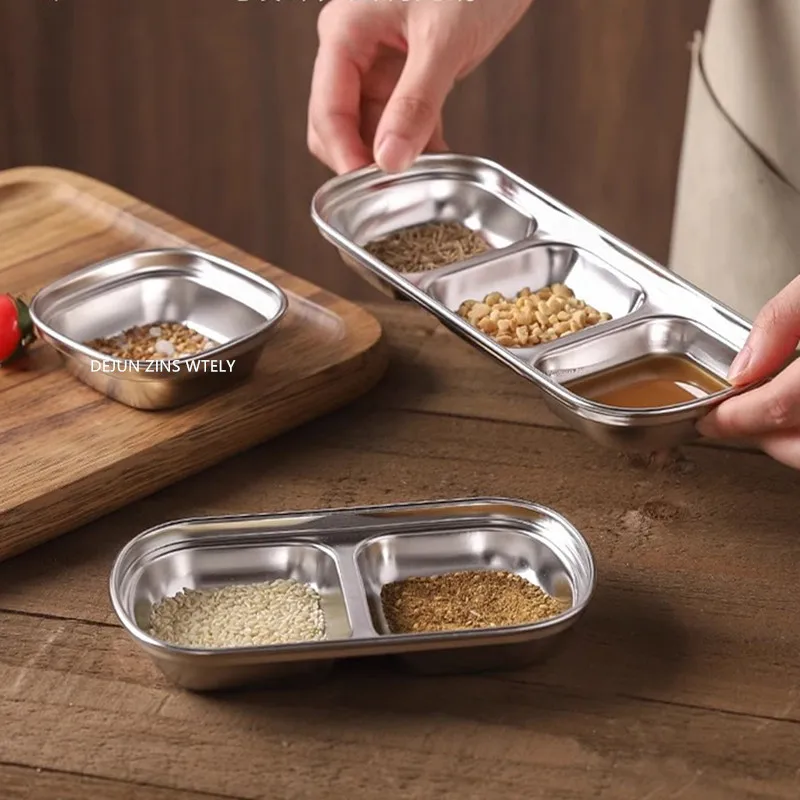 Plato de acero inoxidable con divisiones para salsas, condimentos, vinagre, especias y kétchup para barbacoa