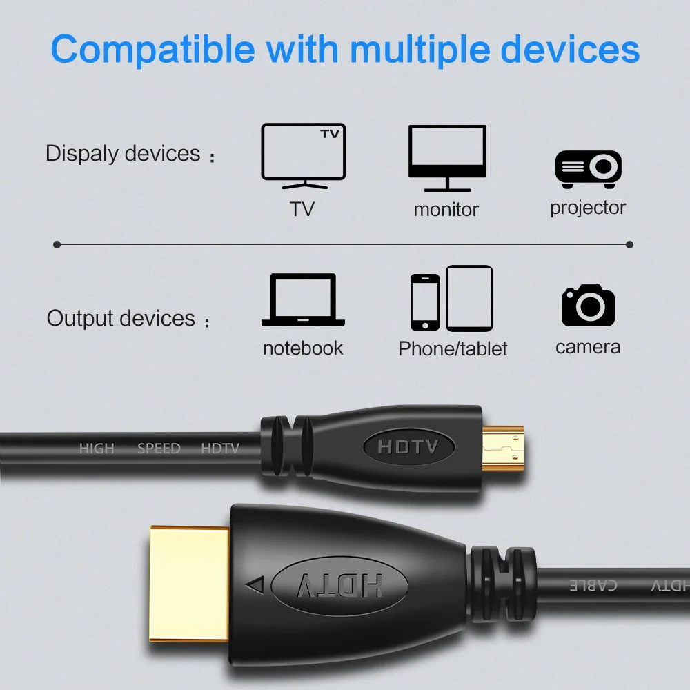 Micro to HDMI-compatible Cable Gold Plated 1.4V 3D 1080P Cable 1m 1.5m 3m 5m For HDTV Projector XBox Tablet