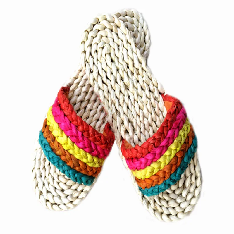 

2023 New Hand-Woven Ladies Rainbow Straw Sandals Colorful Strips Color Natural Environmental Protection Creative Casual Slippers