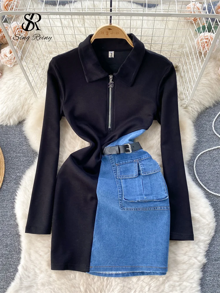 SINGREINY 2024 New Patchwork Women Dress Korean Style Polo Collar Zipper Denim Belt Design Fashion Streetwear Bodycon Midi Dress