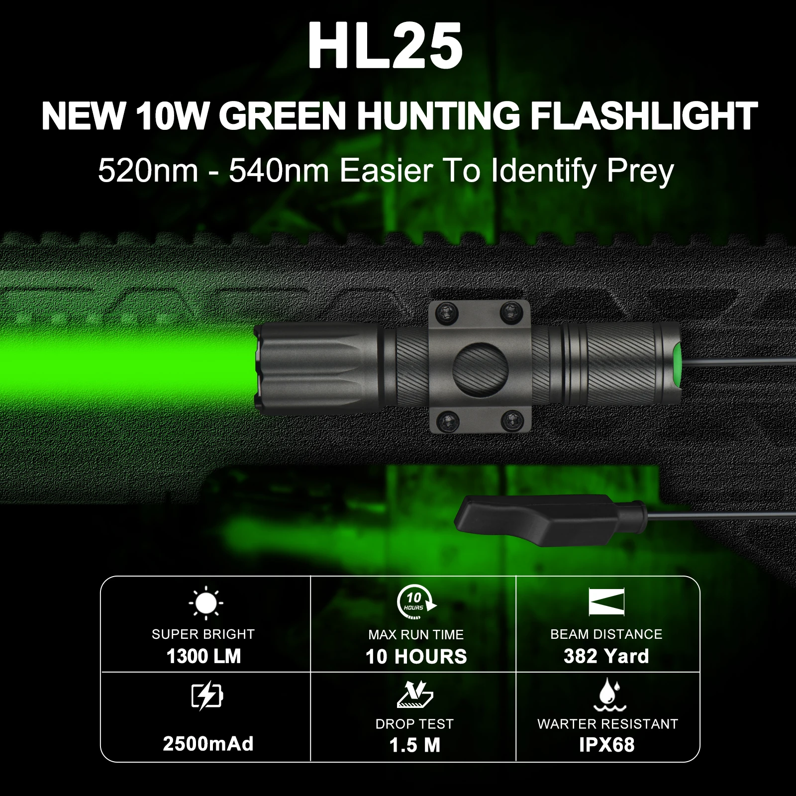 ANEKIM HL25 Green LED Flashlight, Rechargeable 18650 Battery, IPX68 Waterproof Portable Torch, Hunting Coyote and Wild Boar