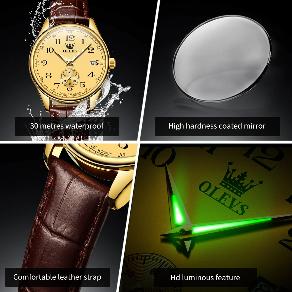 OLEVS 3622 Number Scale Quartz Watch For Men Leather Strap Original Waterproof Luminous Calendar Top Brand Fashion Man Watch image 6