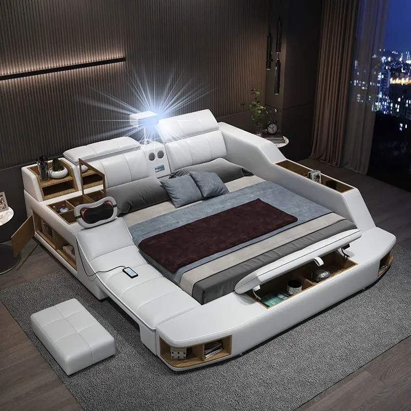 Elegant Luxury Modern Double Bed Storage Leather Massager Multifunctional Smart Bed Electric Villa Cama Bedroom Set Furniture