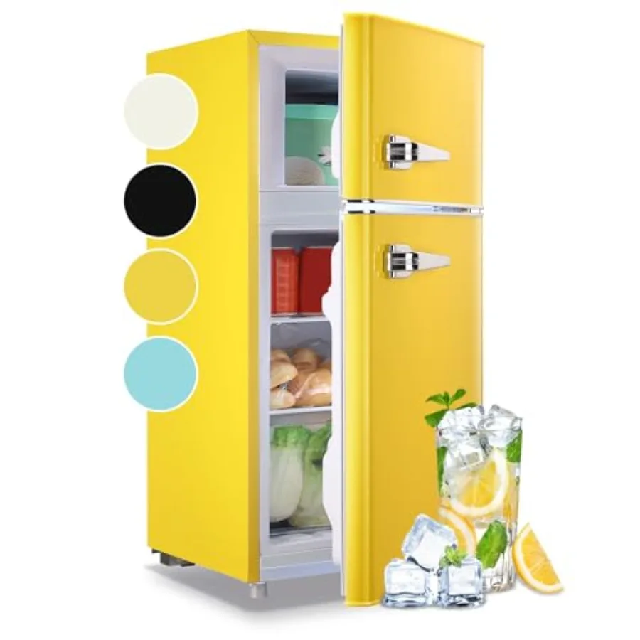 

3.5 Cu.ft Small Retro Mini Fridge with Freezer in Yellow for Home Office Dorm RV: Dual Door Design with Dual Handles Removable