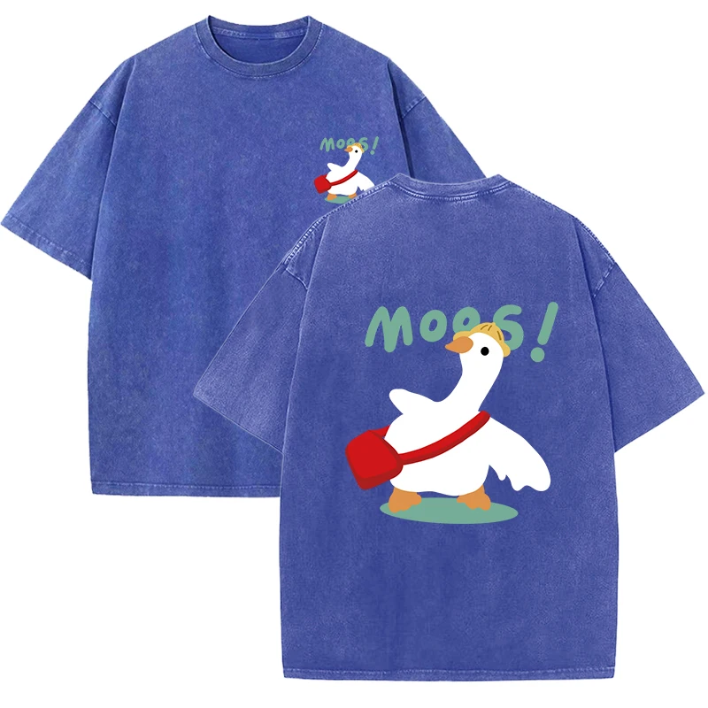 Cute Cartoon Bag Duck Printed Retro Tee Top Female Unisex Cotton Hip Hop T-Shirts Summer Washed Clothes Loose Sportswear