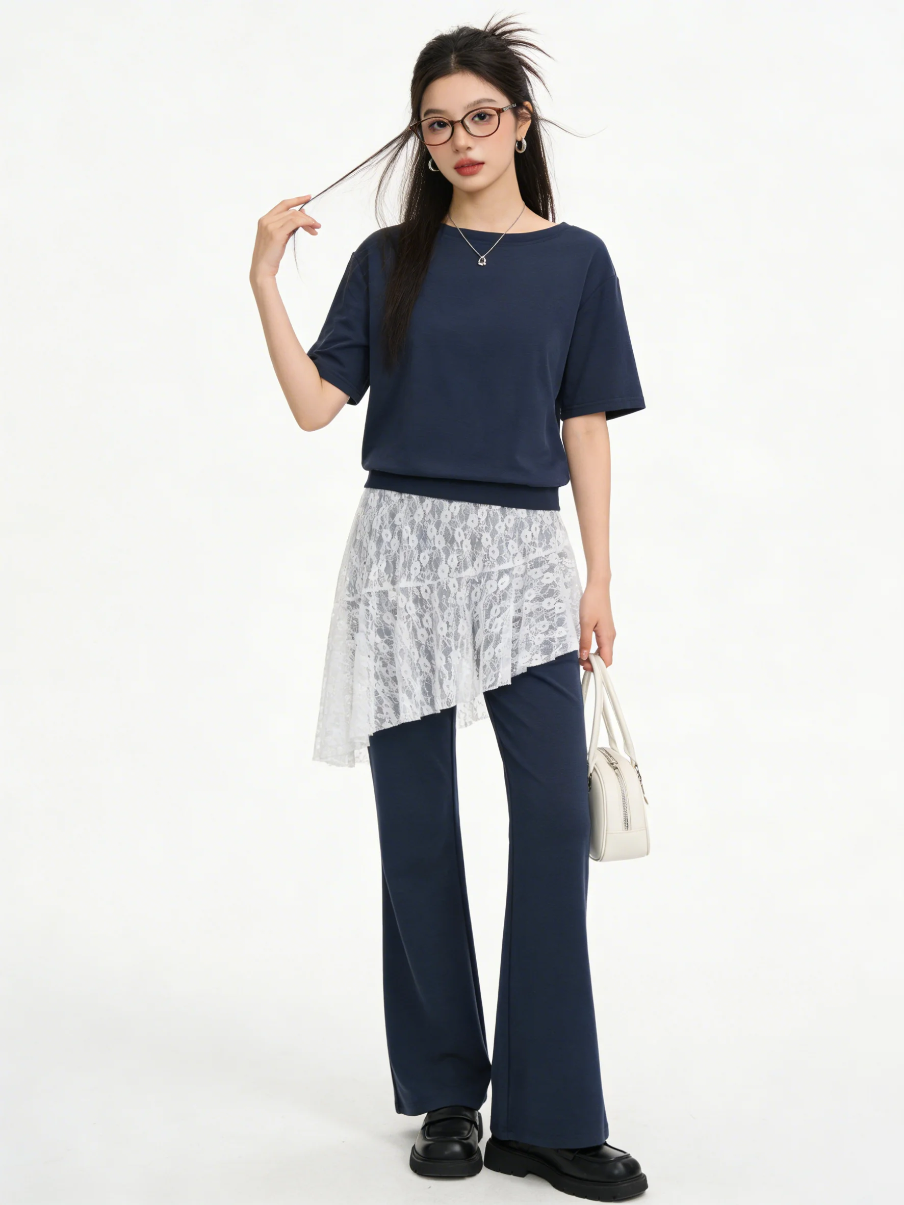 

Retro Two-Piece Set Simple Short-Sleeve T-Shirt Lace Micro Flare Pants Summer Trendy Youthful Dark Blue Color Korean Style Wo...