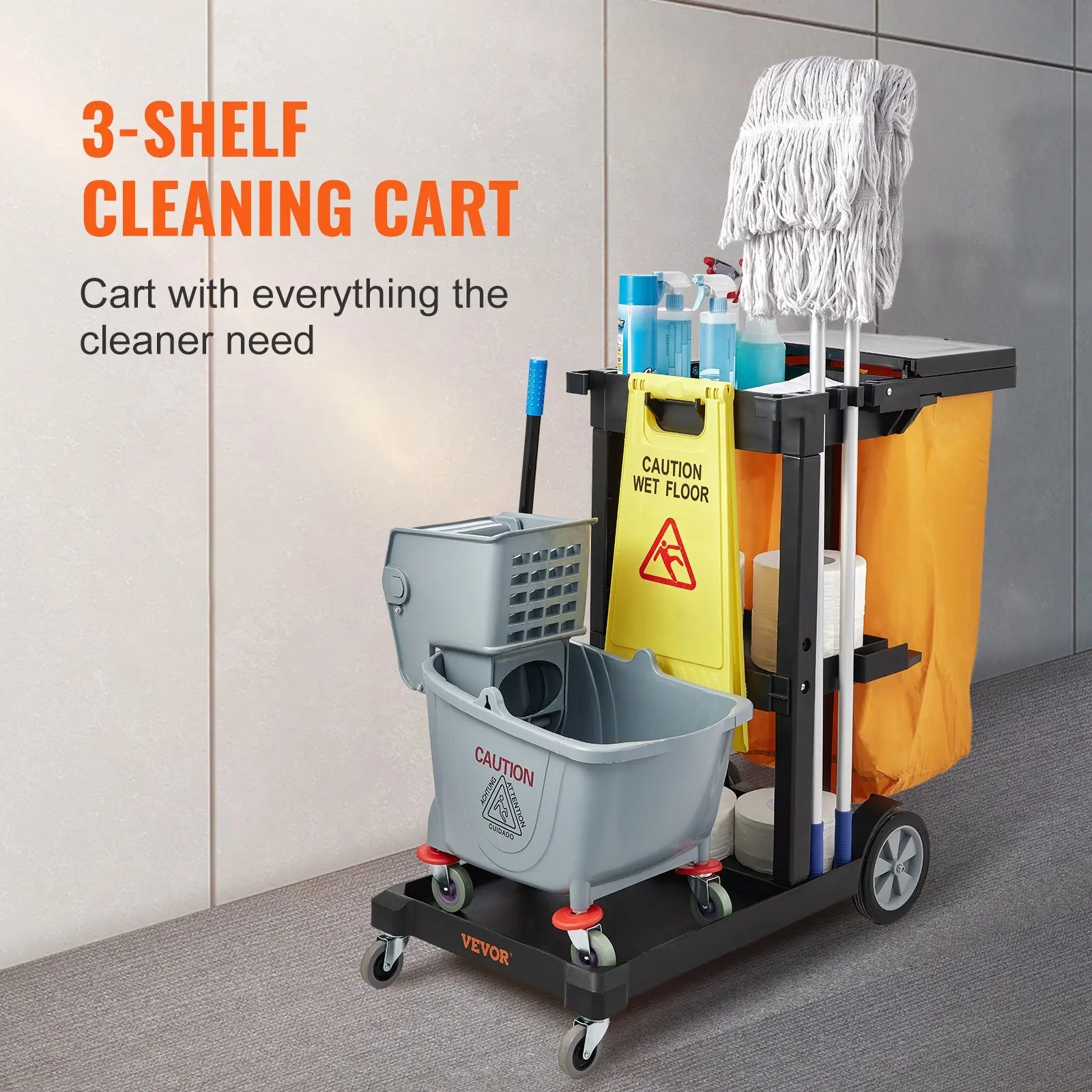 VEVOR Cleaning Cart, 3-Shelf Commercial Janitorial Cart, 200 lbs Capacity Plastic Housekeeping Cart, with 25 Gallon PVC Bag and