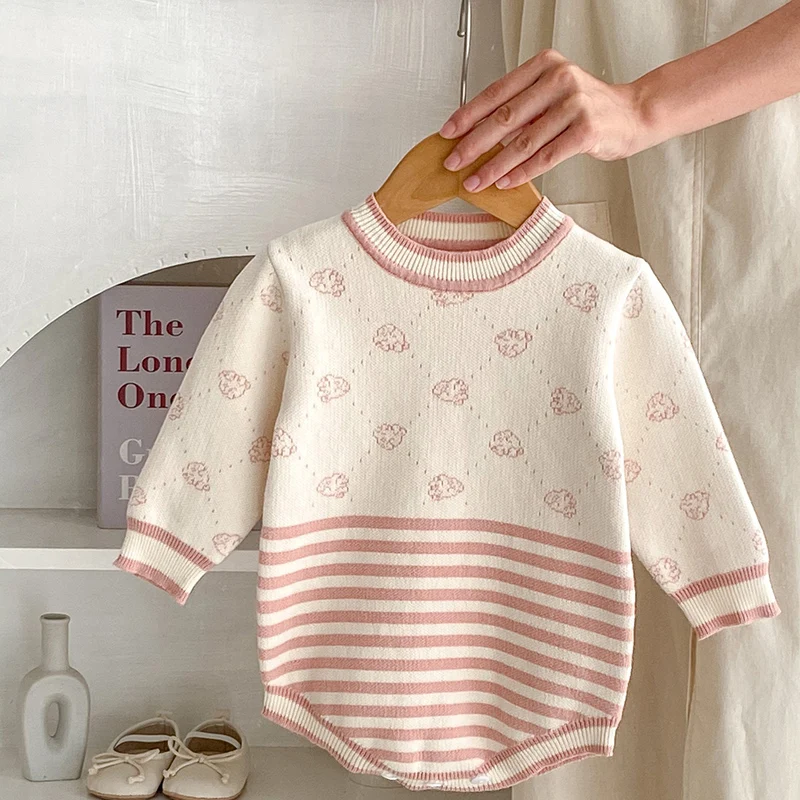 

Autumn Winter Toddler Baby Girl Knitted Romper Long Sleeved Floral Print Newborn Baby Girl Knitting Jumpsuit Baby Girl Clothing