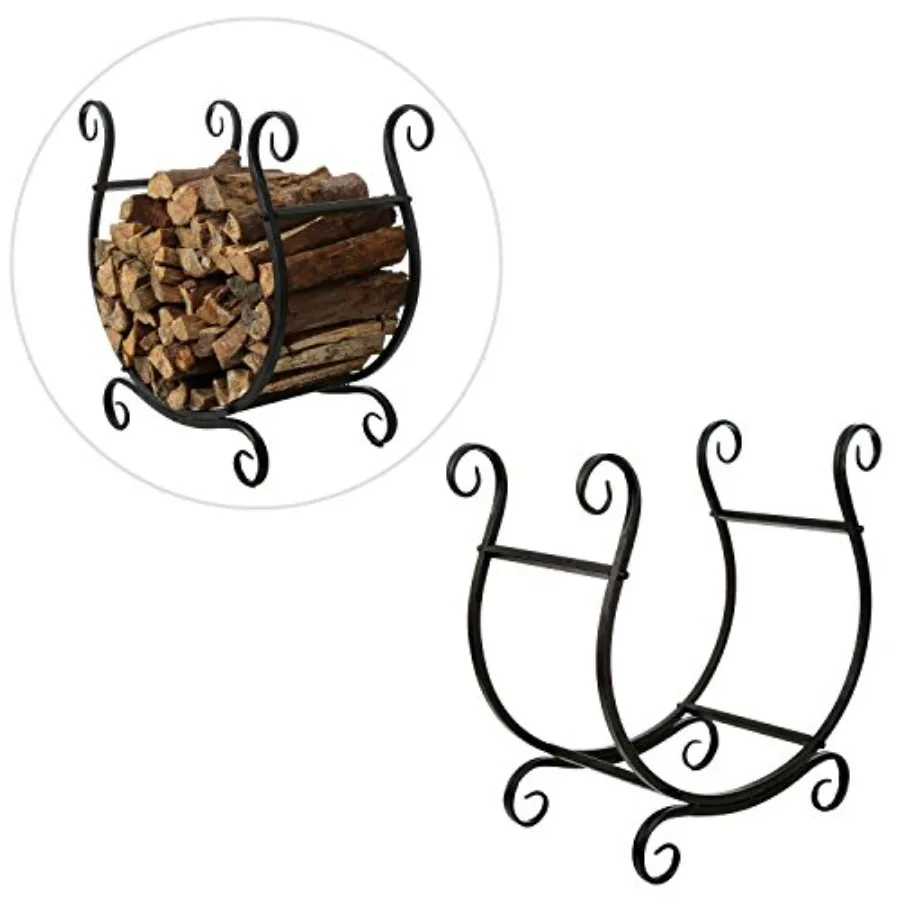 

Black Metal Firewood Rack - Freestanding Fireplace Log Storage Holder with Scrollwork Design