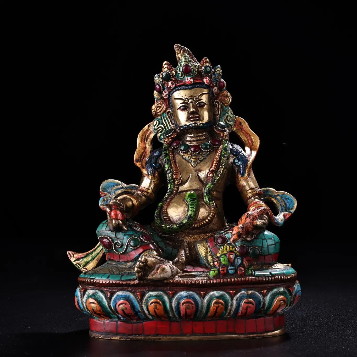 Nepal Pure Copper Yellow Jambhala Buddha Statue Gem Inlaid Painted Collectible Home Decor