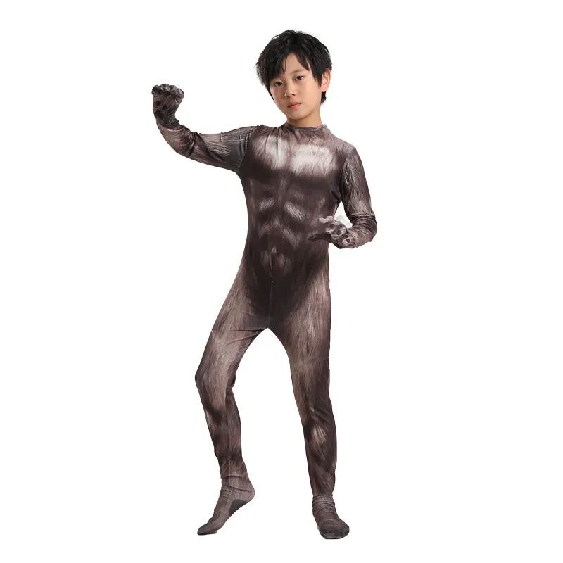 Déguisement de Loup-Garou Effrayant pour Enfant, Costume d'Halloween, Masque de Loup, Zentai