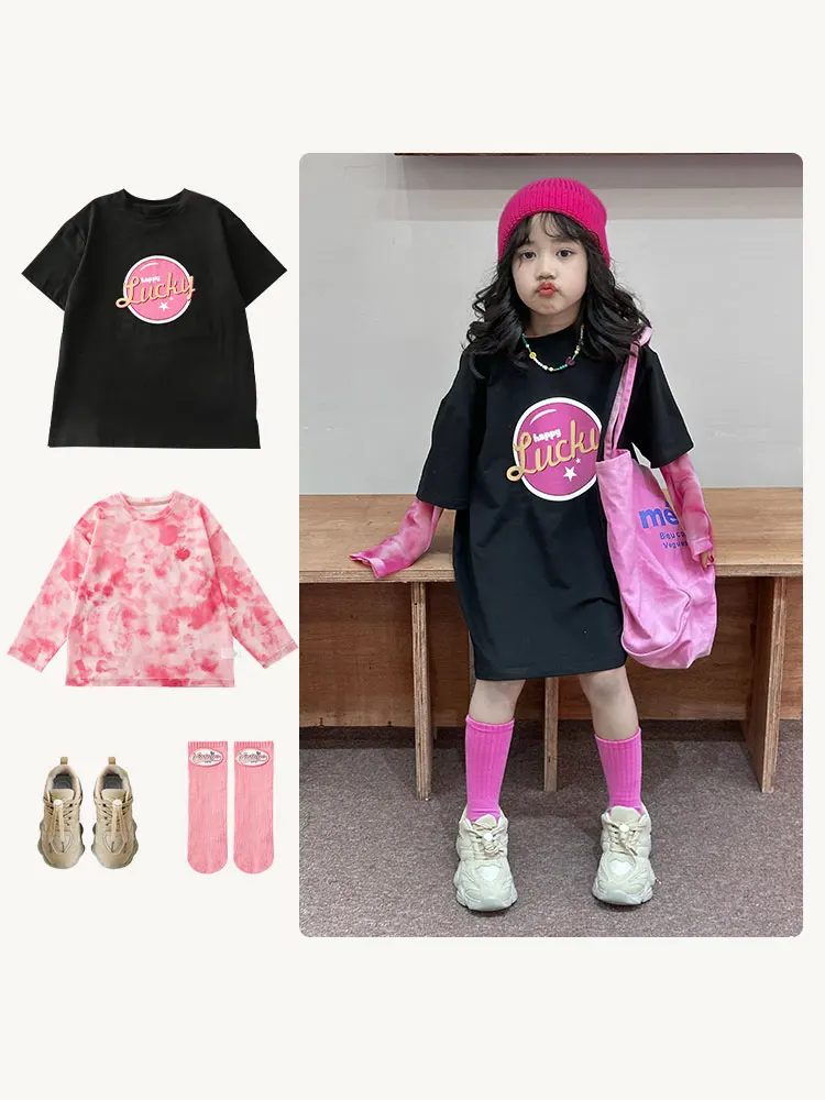 

2023 Girls' Summer Round Neck Long Sleeve Heart Embroidery T-shirt Children's Leisure Print Top Cotton 7-12y Tees Kids Clothes