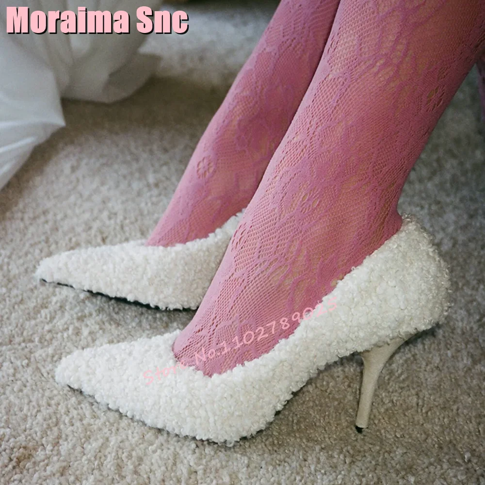 

Lamb Wool Pointed Toe Shallow Pumps Slip On Stiletto High Heel Sexy Elegant Women Shoes Summer Banquet Party White Solid 2024