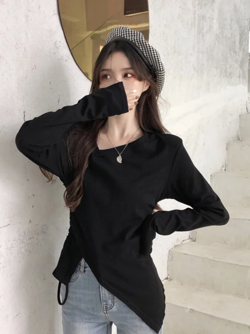 T-Shirts Women Ins Shirring Design Casual Slim Fit Irregular All-match Korean Fashion Autumn Sweet Spicy Girls Simple Solid Tops