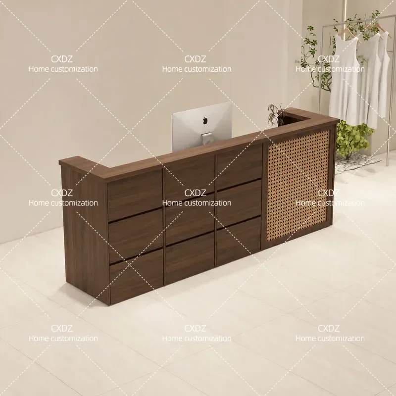 Simple Rattan Checkout Counter Front Desk for Clothing Store Shop Custom Bar Table Reception Counter Minimalist Design
