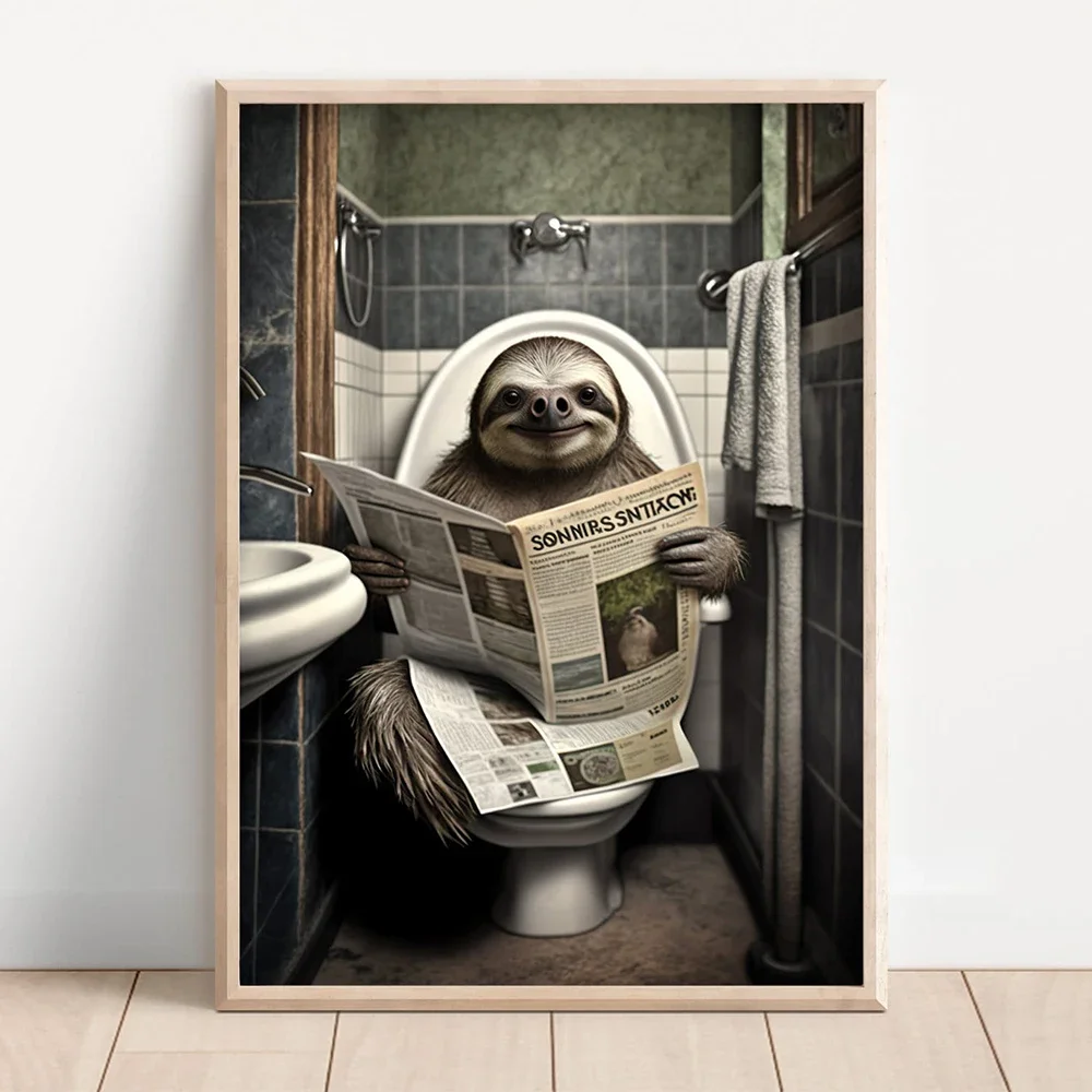 Animal Wall Art Funny Panda Bathroom Toilet Posters Prints Sloth Raccoon Sitting on Toilet Reading Newspaper Home Decor Painting