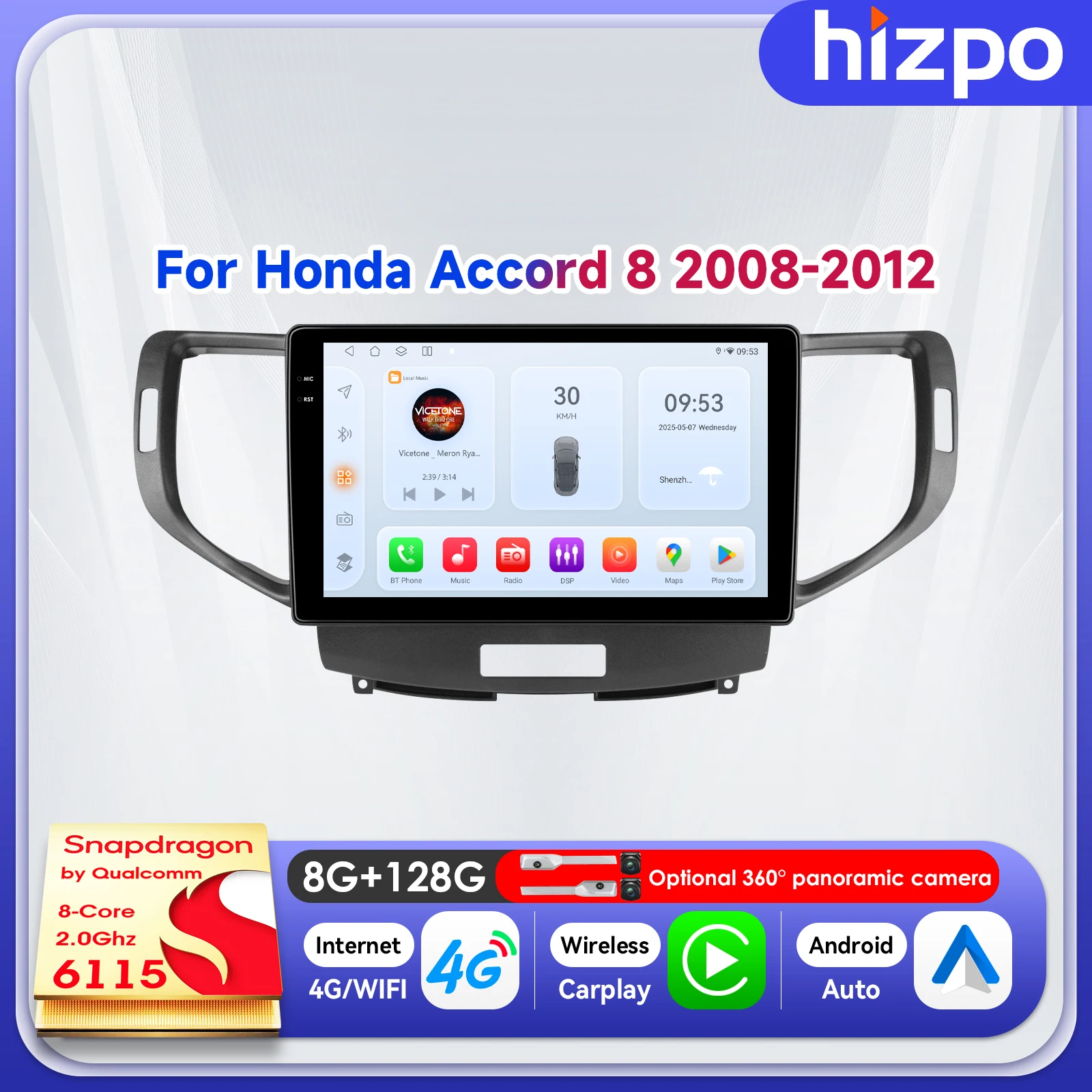 

Hizpo 9" Navigation 8+128G Car Multimedia Player For Acura TSX 2009-2014 For Honda Accord 8 2008-2012 Android Auto Carplay AI 4G