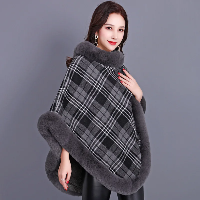 Grey Grid Winter Thick Warm Poncho Faux Rabbit Fur Collar Cape Coat Women Party Outfit Outerwear Fluffy Plush Wraps Cloak Shawls