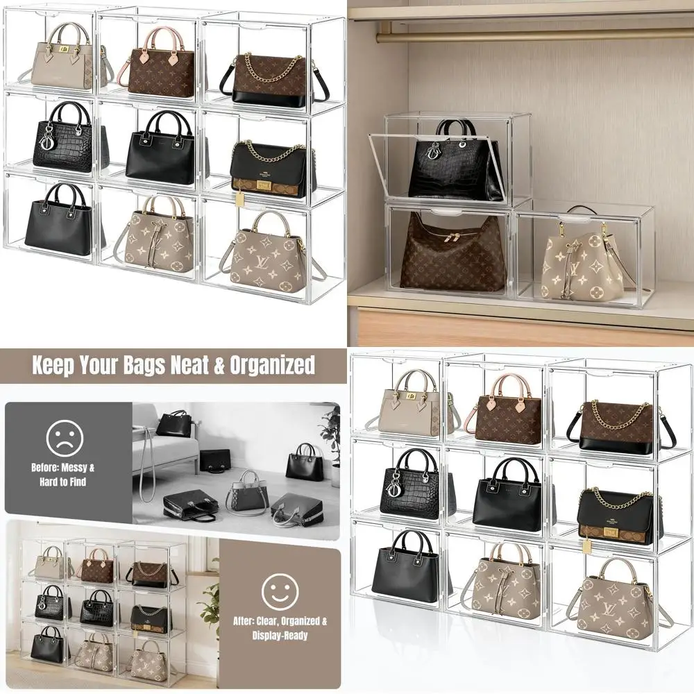 

Clear Acrylic Stackable Purse Organizer with Magnetic Door and Dustproof Lid for Closet Storage of Handbags, Shoes, Cosmetics, a