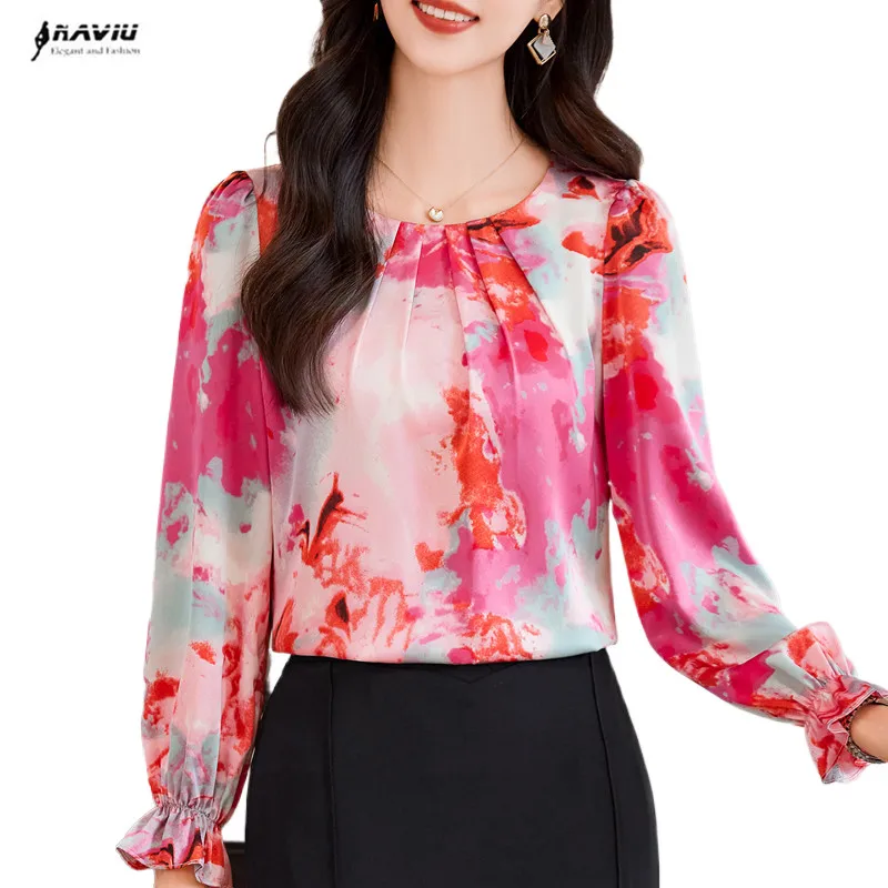 

NAVIU Sweet O Neck Flare Sleeve Print Shirt Women Clothing 2024 Spring New High Qualiy Satin Casual Tops Office Lady Blouse