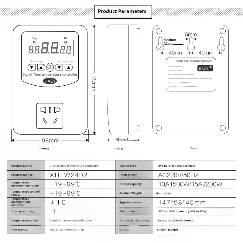 Termostato Digital para Aquecimento De Piso, Bomba De Água Da Caldeira, Interruptor De Controle De Água Quente e Fria, Medidor De Controle De Temperatura Do Soquete, Xh-w2402