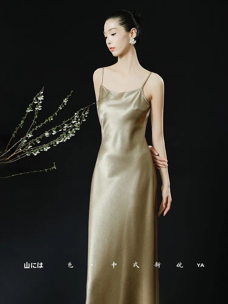 

an Yuezhi Loose Valley Brown Satin Dr Women's Date Strapl Gown Traditional Chinese Sle Floral Embroidery Long Dr