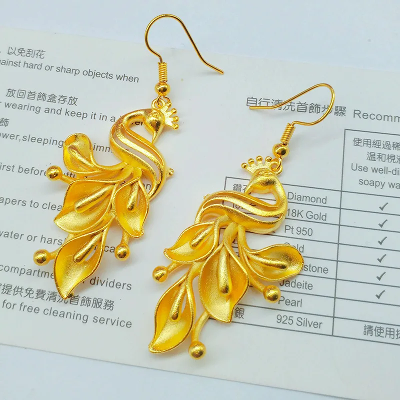 Anting-anting Phoenix Emas 999 kualitas tinggi anting-anting merak 24K perhiasan wanita kualitas mewah rumbai AU750