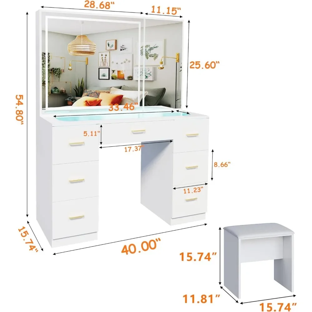 Vanity Set with Lighted Mirror,Extra Large Mirror Makeup Vanity Table with 7 Drawers&Cushioned Stool,Dressing Table with Drawers