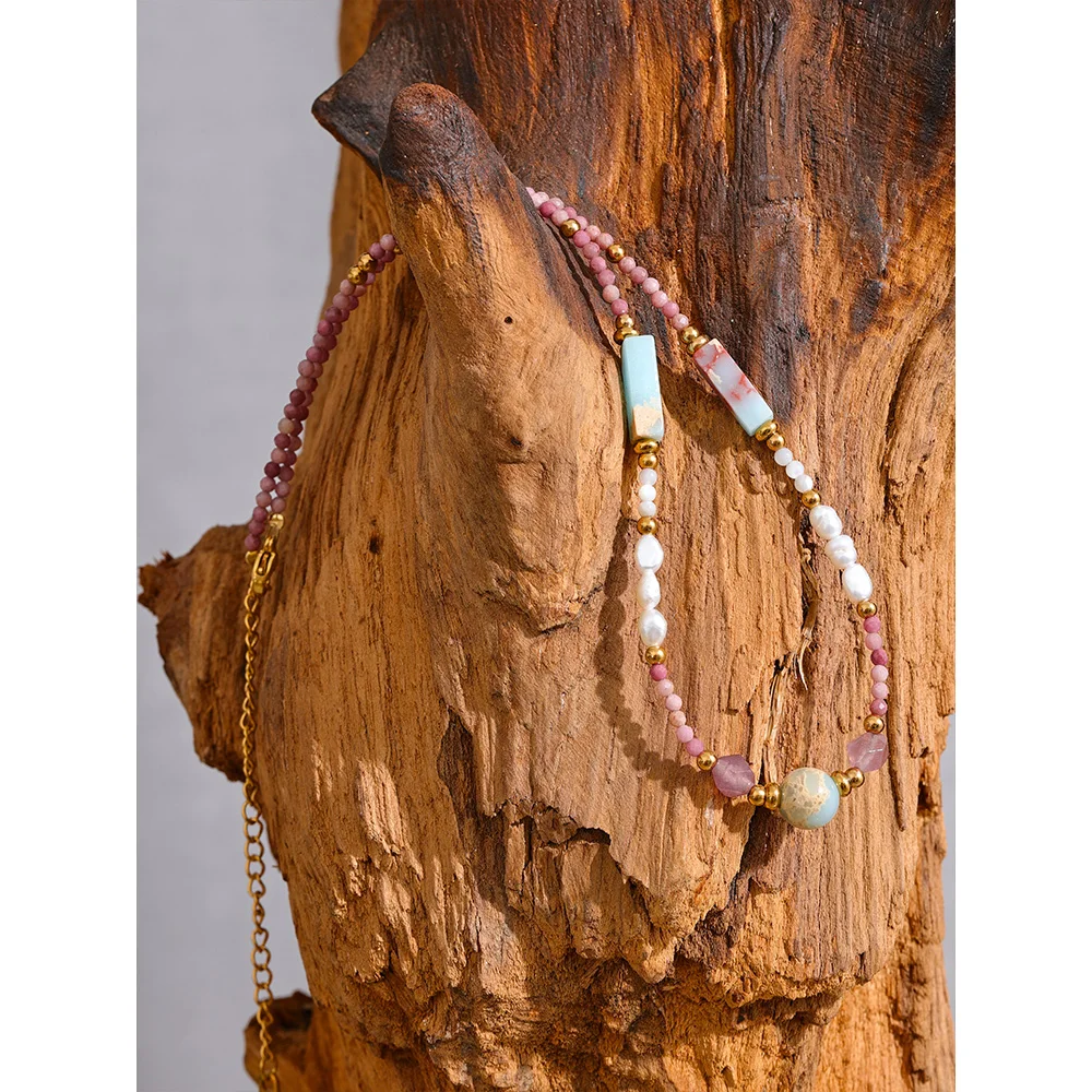 Yhpup Natural Stone Freshwater Pearls Rhodochrosite Beads Chain Trendy Handmade Necklace Golden Summer Stainless Steel Jewelry