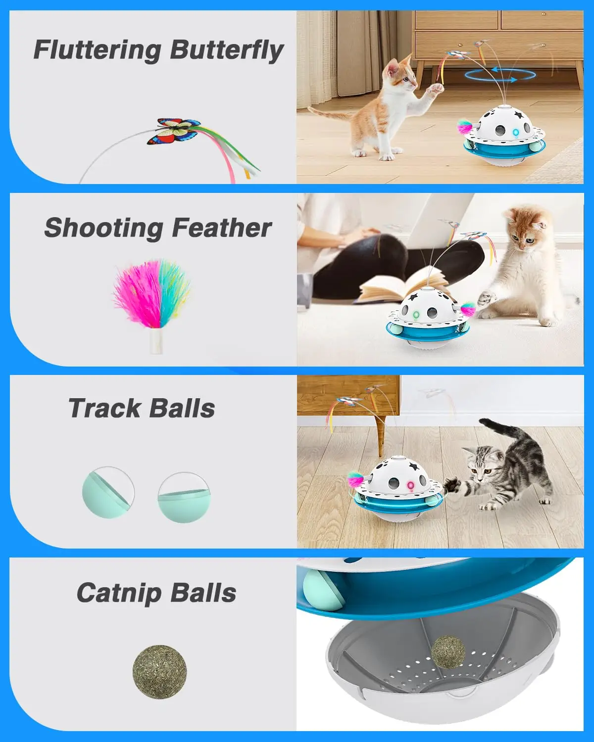 3 in 1 Smart Cat Toys, Fluttering Butterfly,Random Whack-A-Mole Mice, Dual Power Supplies,1 Pcs Catnip Balls, Auto On/Off (Blue)