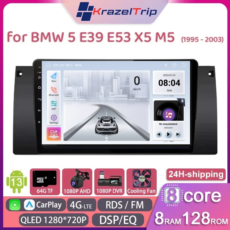 

8 Core Intelligent Car Radio Stereo for BMW 5 E39 1995 - 2003 E53 X5 M5 Carplay Android Auto GPS Autoradio 4GLTE DSP RDS QLED