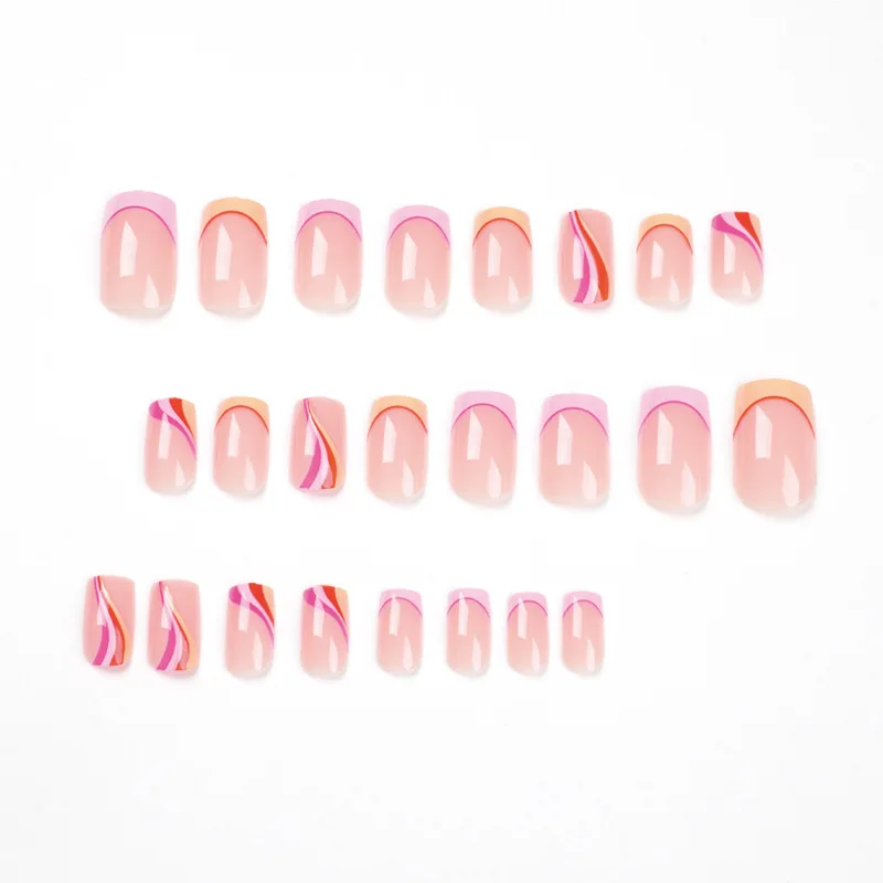 24Pcs rectangular False Nail French orange pink border with four-color waves Wearable Manicure Press ON Nails Solid