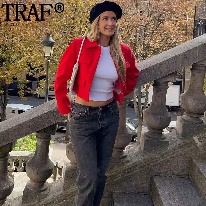 TRAF Cropped Jacket Woman Office Wear Red Blazer For Women Elegant Stylish Long Sleeve New In Jackets Fashion Short Blazer