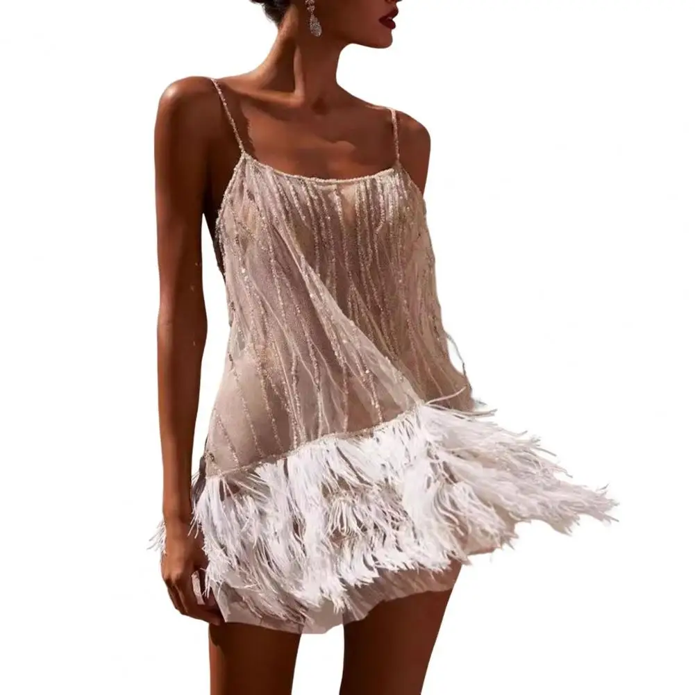 Fringed Hem Sequin Slip Dress for Women Cocktail Banquet Club Mini Dress with Low-cut Backless Design Thin