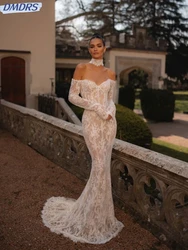 Elegante fora do ombro noiva robe brilhante lantejoulas vestido de noiva clássico renda sereia vestido de casamento personalizado robe de mariée