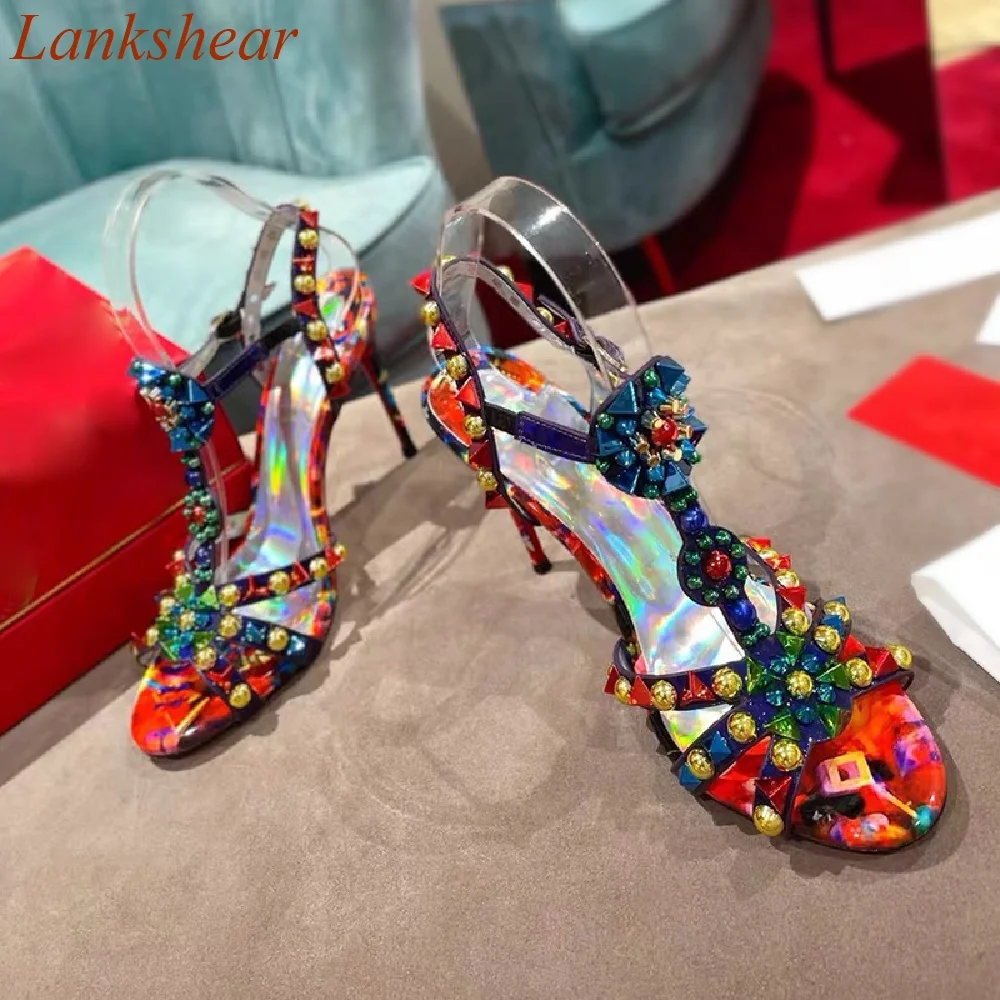 

Round Toe Mixed Color Women Sandals Open Toe Cross Tied Rivet Genuine Leather Thin Heels Fashion Women Shoes 2024 New Arrivals