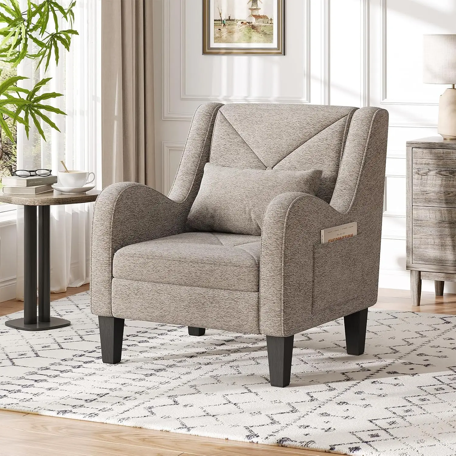Chenille Armchair for Living Room & Bedroom, Comfy Reading Chair with Lumbar Pillow,Grey, Customized