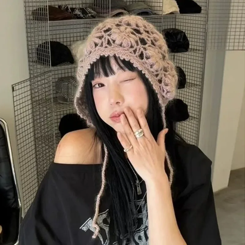 

Korean Style Hollow Flower Cute Head Cover Hat Top, Jeans, Short Skirt, Gentle Cotton Decoration, Dome Hat Clothing Accessories