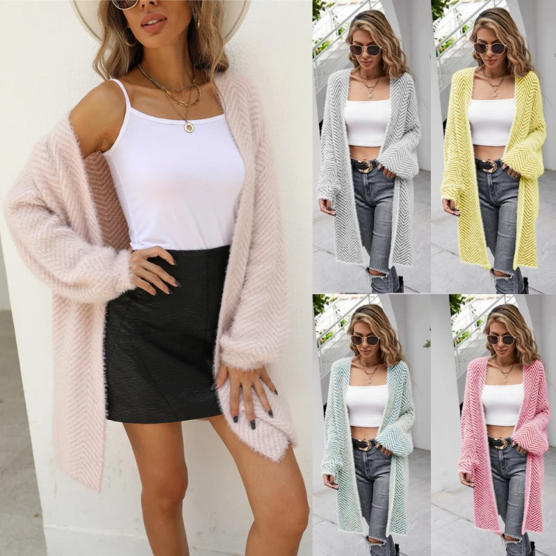 

Cardigan Women Mid Length Coats Sweaters Knitted Full Sleeve Jumpers Y2k Streetwear Elegant Splice Knit Coat Autumn Winter