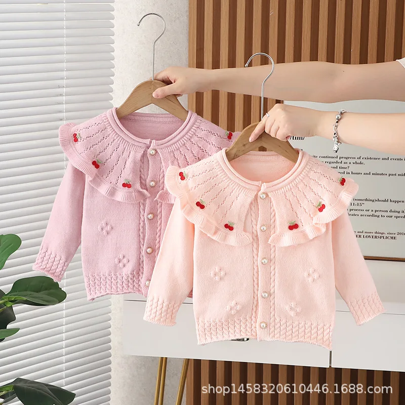 Girls Fall Knitwear Turn Color Cardigan New Korean Style Cherry Knitted Clothes Long Sleeved Pom Pompoms Top Jacket Coat IY06081