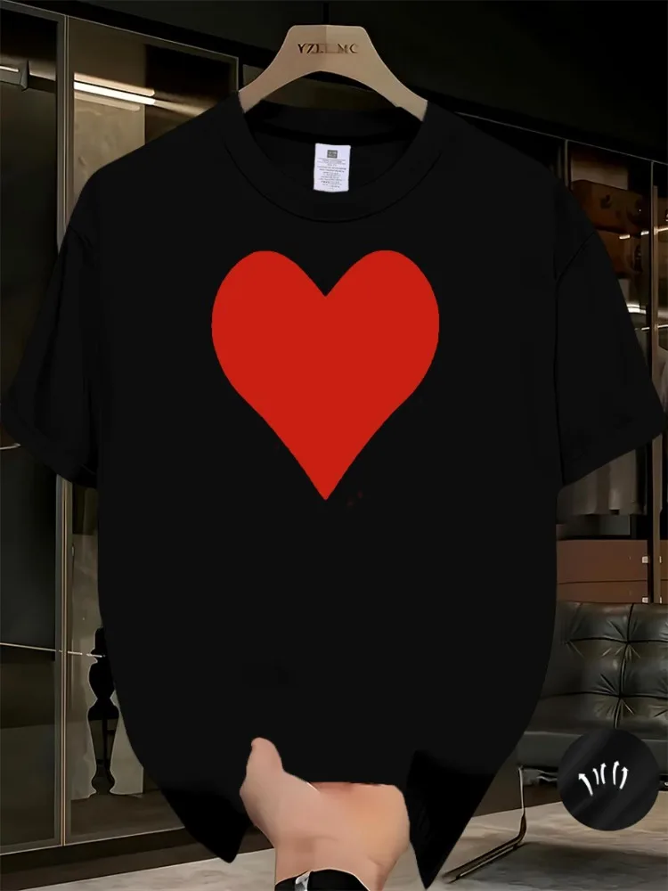 تي شيرت نسائي مطبوع عليه قلب أحمر كاجوال برقبة دائرية وأكمام قصيرة، تصميم قلب أحمر مريح للنزهات والطبقات #1