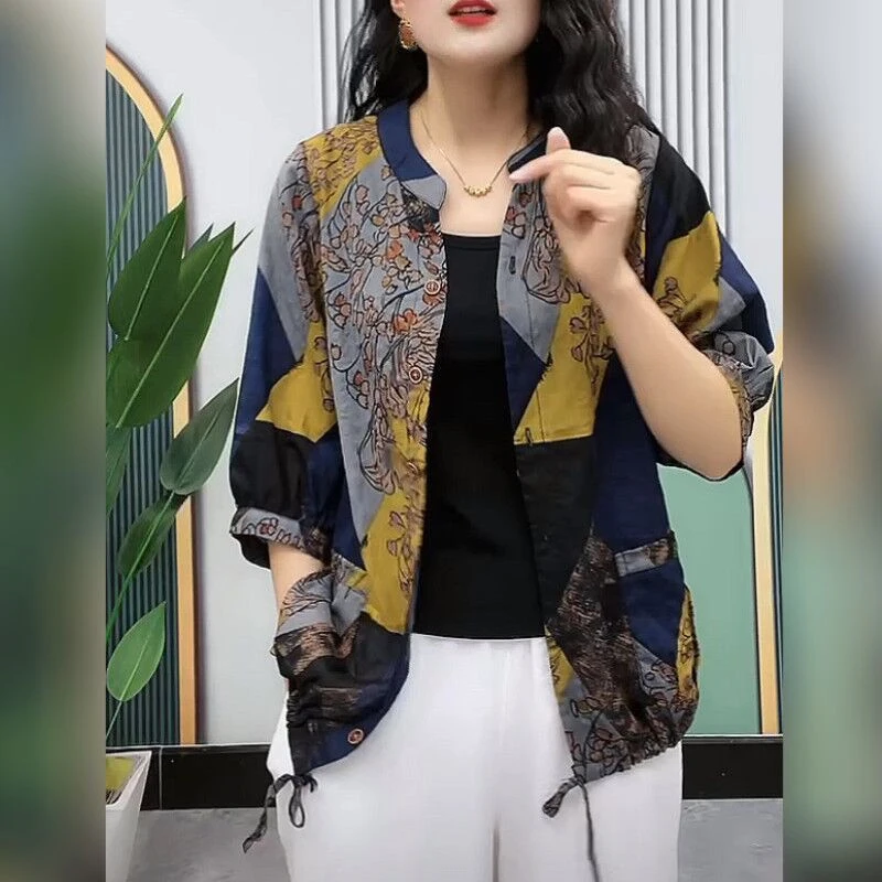 Summer New Round Neck Fashion Half Sleeve Shirt Women Cotton Hemp Vintage Printing Cardigan Pockets Button Drawstring Chic Tops