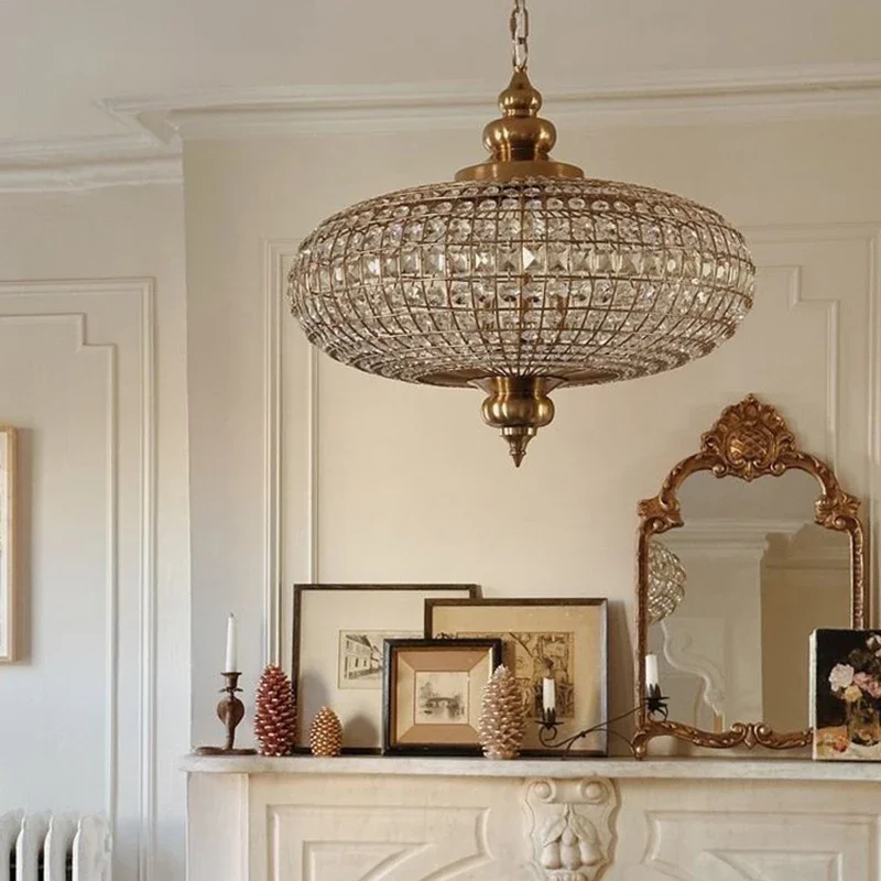 American Vintage K9 Crystal LED Pendant Lights Gold Wrought Iron Chandelier Living Room Restaurant Bedroom Kitchen Hanging Lamps