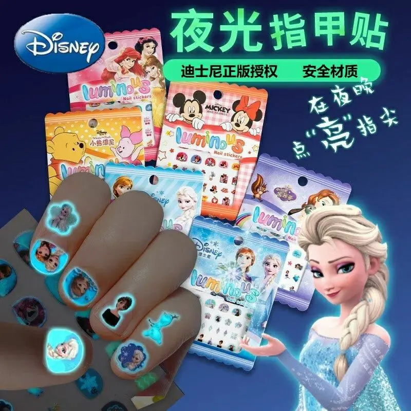 Disney Girls and Children's Nightglow Nail Stickers Ice and Snow Romance Princess Elsa Nail Stickers Cartoon Sticker Toys