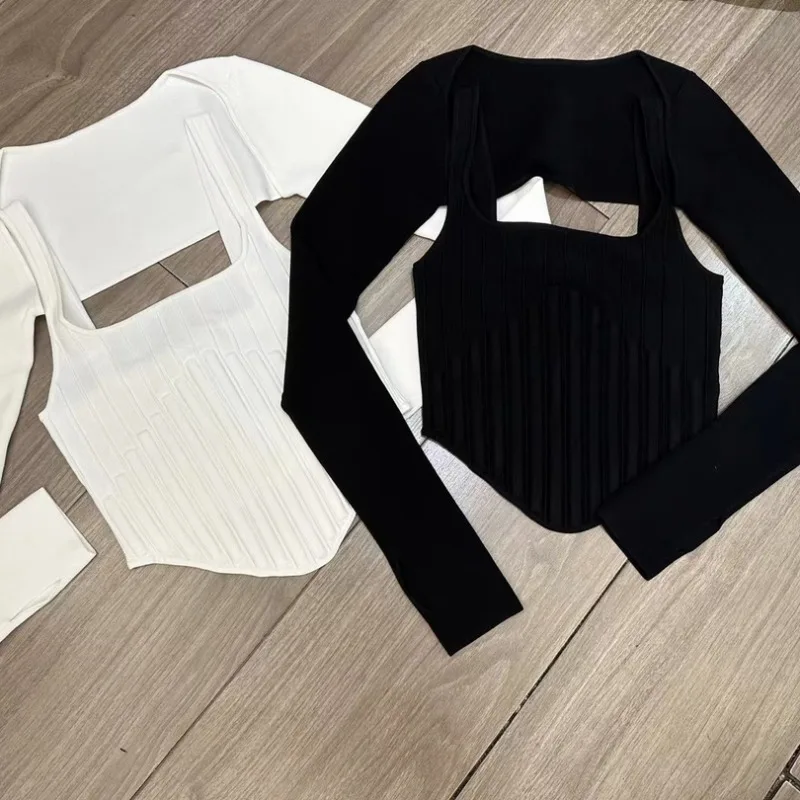 2023 Autumn Winter Black White Sexy Fashion Two Pieces Long Sleeve Crop Tops