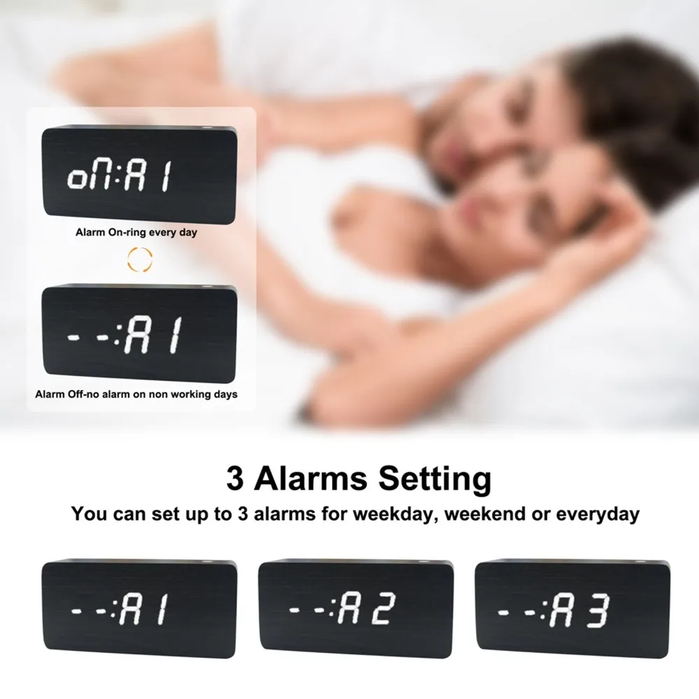 Multi-functional Alarm Clock Wood Multicolor Digital Clock Weekday Weekend Mode Temperature Display Smart Alarm Clock