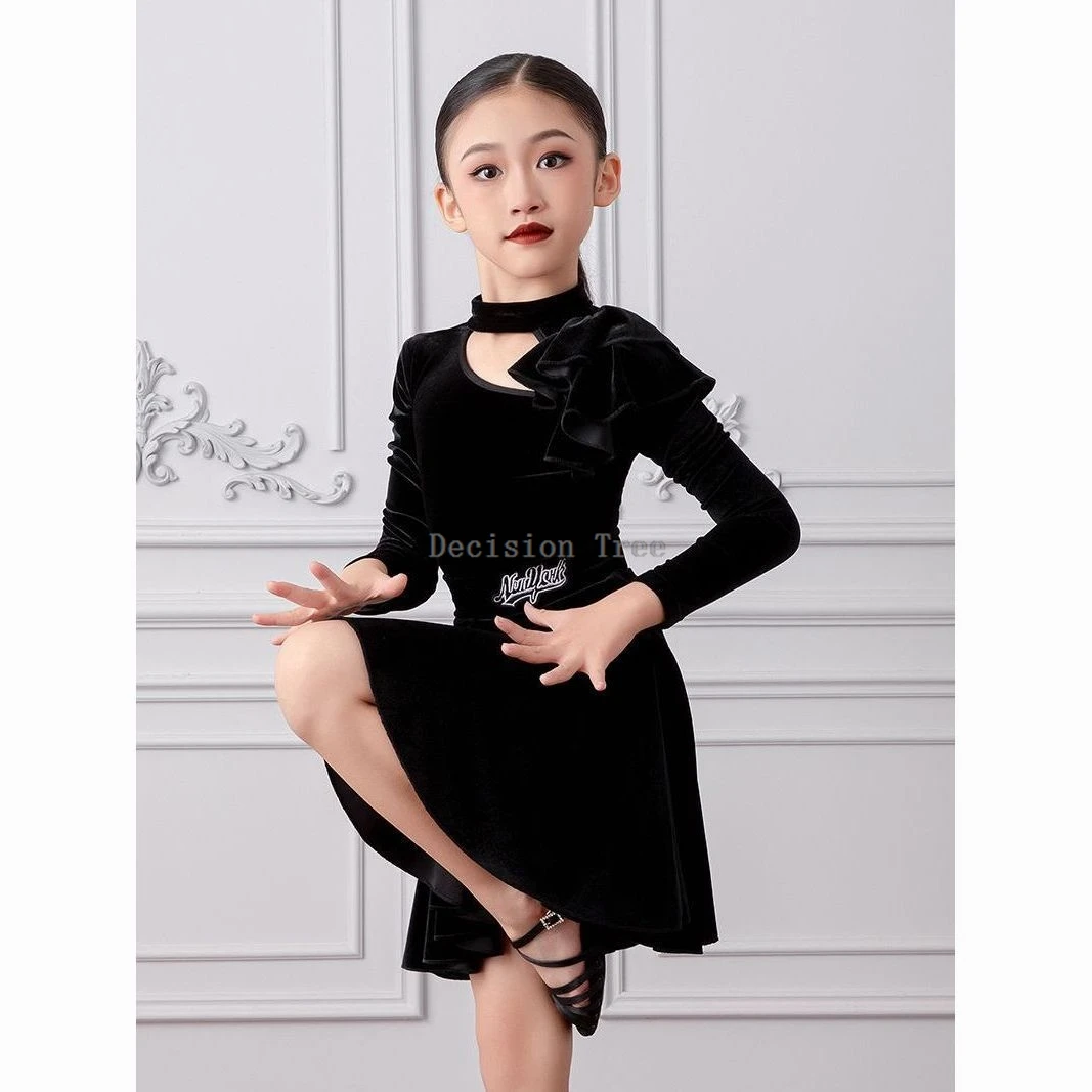 2025 autumn winter girls' latin dance practice dress children performance competition long sleeve velvet skirt 2 piece dance set