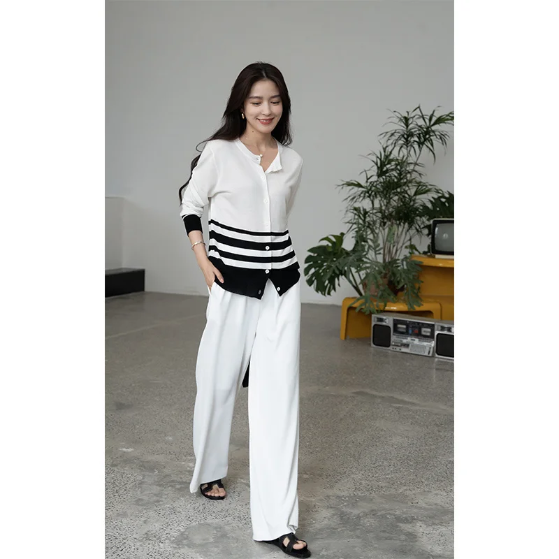 

White Wide Leg Pants Basic Sle Non-Light Elastic Waist Summer Versatile Elephant And Girfe High Waist Long Pants