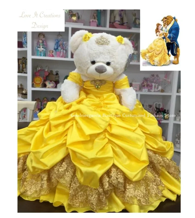 

Gold Mini Quinceanera Teddy Bear Dress Fantasy Beauty and the Beast Princess Lace Ruffle Tulle Quinceanera Customised