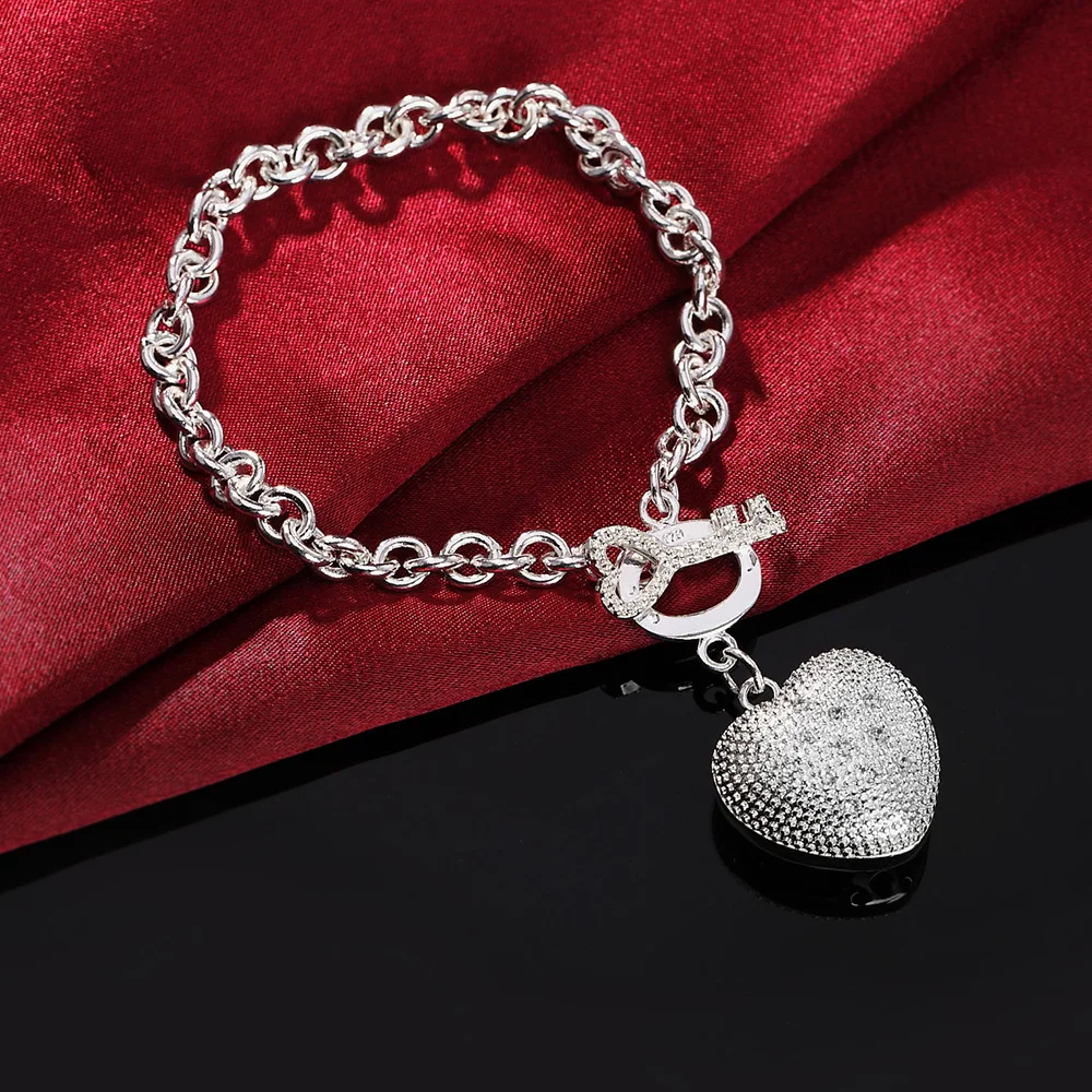 

Hot New 925 Sterling Silver Bracelets Fine Crystal Heart Key for Women Wedding Party Lady Gifts High Quality Fashion Jewelry